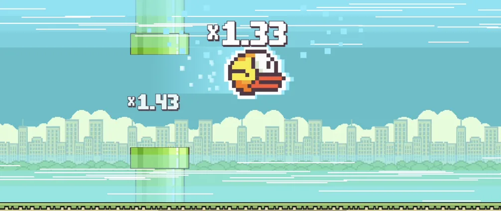 Tappy Bird gameplay showing bird navigating obstacles with rising multiplier